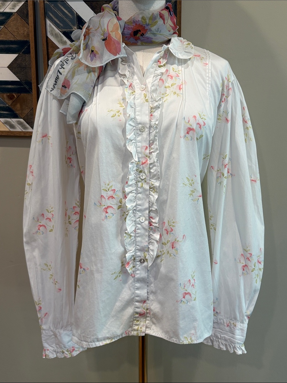 Vintage Ralph Lauren Blue Label 80s Cotton Floral Ruffle Button Down Top size 10